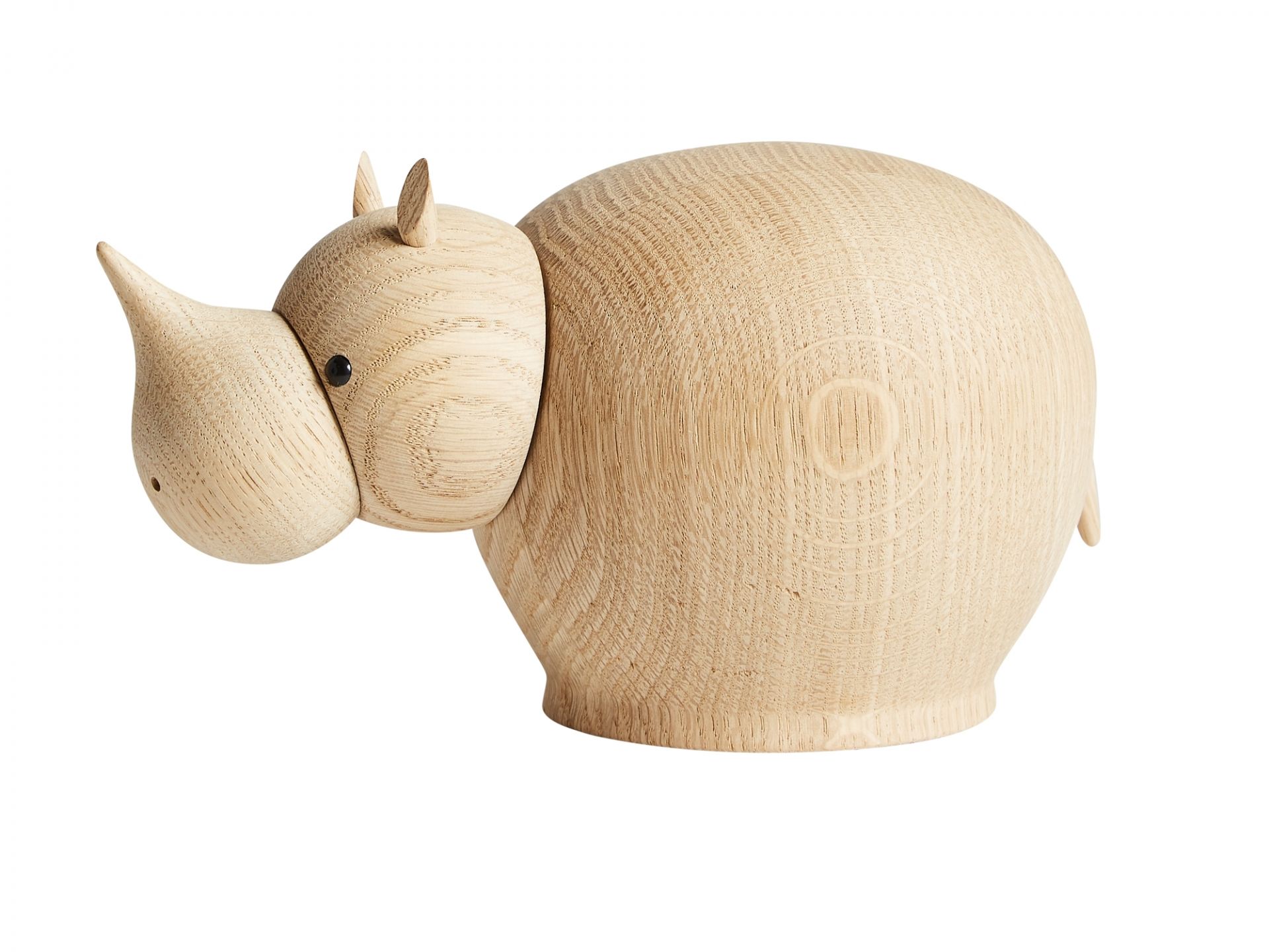 Rina Rhinoceros: Medium große, helle Holzfigur eines Nashorns von Woud. Dekorative Tierfigur.